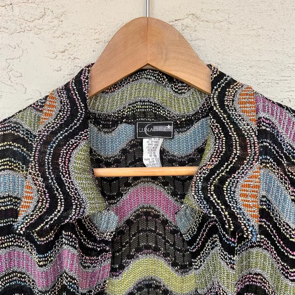 Y2K Chevron Duster Cardigan Multicolor Open Front Mesh Knit Medium